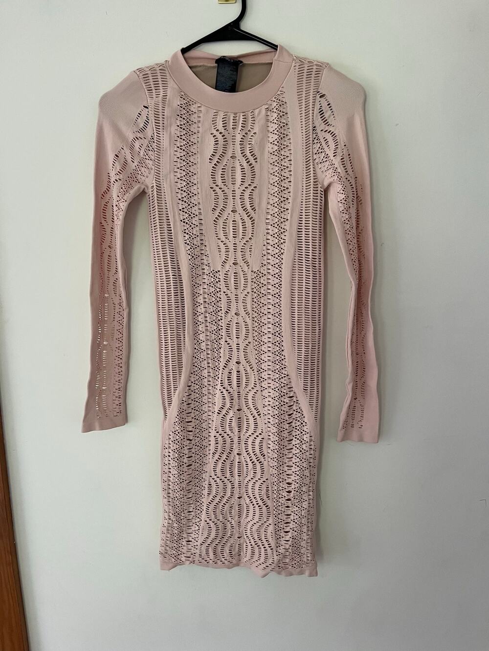 Bebe long-sleeve bodycon dress soft pink cut outs midi